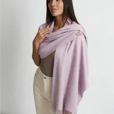 Șal elegant damă lila pastel din cașmir și lână, model uni