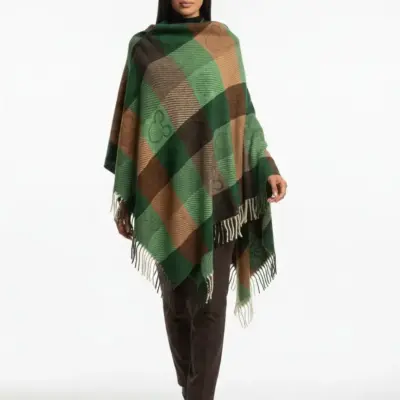 Șal elegant de damă verde smarald-camel din cașmir și lână, Model Character