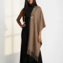 Șal elegant damă maro camel din cașmir și lână, model uni