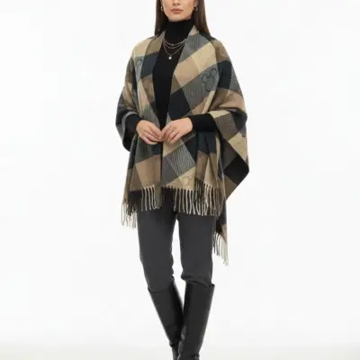 Șal elegant de damă negru-camel din cașmir și lână, Model Character