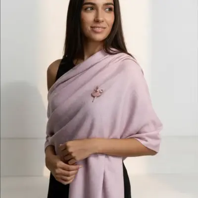 Șal elegant damă lila pastel din cașmir și lână, model uni