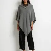 Șal triunghiular damă gri închis din cașmir și lână, stil poncho