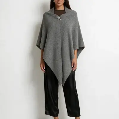 Șal triunghiular damă gri închis din cașmir și lână, stil poncho