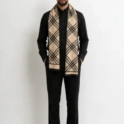 Fular bărbătesc Geometric Elegance cu două fețe, negru și crem, model geometric