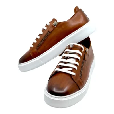 Pantofi bărbătești tobacco din piele naturală, handmade, cu fermoar dublu lateral PC23