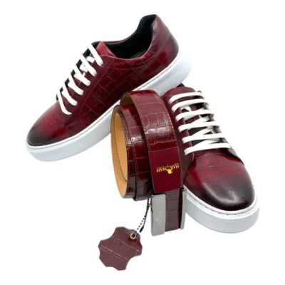 Pantofi bărbătești roșii din piele naturală, handmade, casual cu talpă cusută PC20