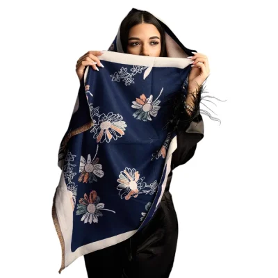 Șal Elegant din Lână și Cașmir – Model Floral SLC263 (Bleumarin cu Crem)