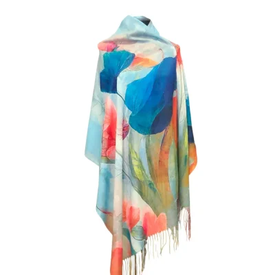 Șal floral multicolor din cașmir subțire – imprimeu în nuanțe de albastru, corai și verde (SLC295)