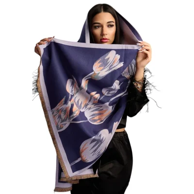 Șal Elegant din Lână și Cașmir – Model Lalele SLC280 (Albastru cu Violet Deschis)