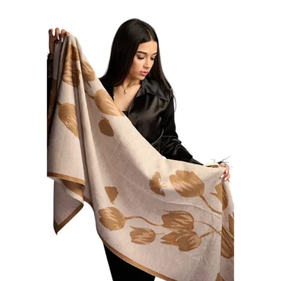 Șal Elegant din Lână și Cașmir – Model Lalele SLC273 (Bej cu Crem)
