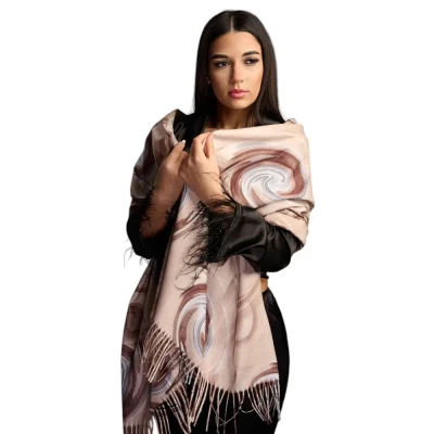 Șal Elegant din Lână și Cașmir – Design Abstract SLC248 (Nuante de Maro,Crem,Gri)