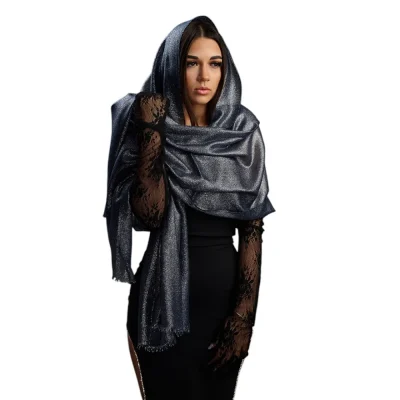 Esarfa de Matase Eleganta, EMF72  (Negru/Argintiu)