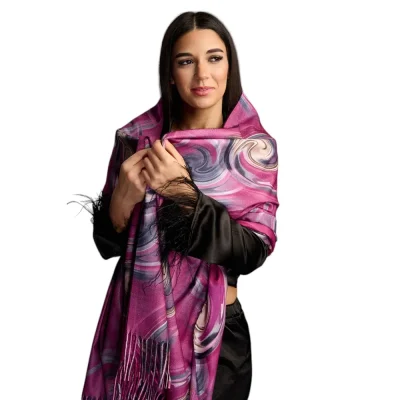 Șal Elegant din Lână și Cașmir – Design Abstract SLC251 (Nuante de Fucsia,Violet,Negru)