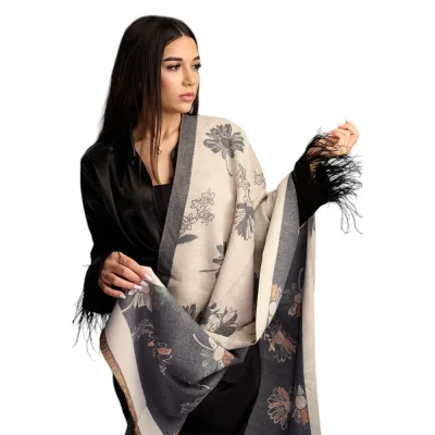 Șal Elegant din Lână și Cașmir – Model Floral SLC264 (Gri cu Crem)