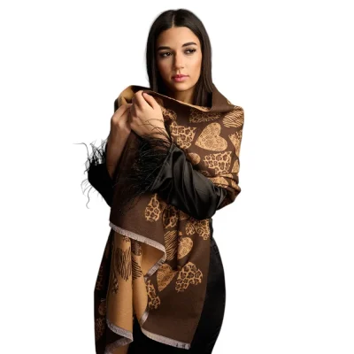 Șal Elegant din Lână și Cașmir – Model Inimi SLC239 (Maro)