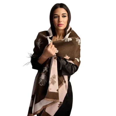 Șal Elegant din Lână și Cașmir – Model Floral SLC266 (Maro cu Crem)