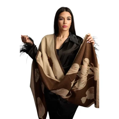 Șal Elegant din Lână și Cașmir – Model Lalele SLC272 (Maro cu Crem)
