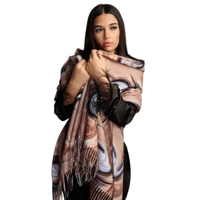 Șal Elegant din Lână și Cașmir – Design Abstract SLC254 (Nuante de Maro,Crem,Bej)