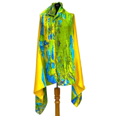 Șal din mătase 70% naturală cu design abstract – verde, galben și accente albastre(SLC286)