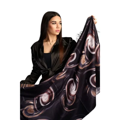 Șal Elegant din Lână și Cașmir – Design Abstract SLC256 (Nuante de Negru,Alb,Crem)