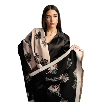 Șal Elegant din Lână și Cașmir – Model Floral SLC262 (Negru cu Crem)