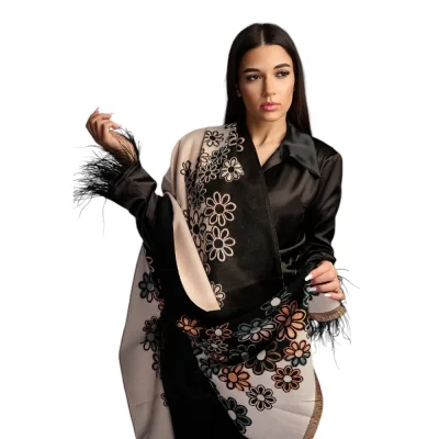Șal Elegant din Lână și Cașmir – Model Flori  SLC243 (Negru cu Crem)