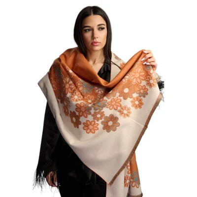 Șal Elegant din Lână și Cașmir – Model Flori  SLC246 (Portocaliu cu Crem)
