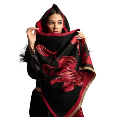 Șal Elegant din Lână și Cașmir – Model Lalele SLC275 (Negru cu Rosu)