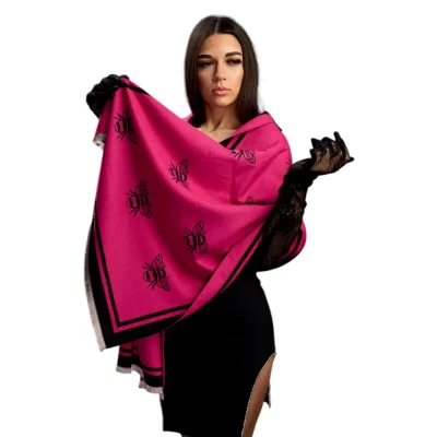 Șal Elegant din Lână și Cașmir – Model SLC212 (Roz/Negru cu Albine)