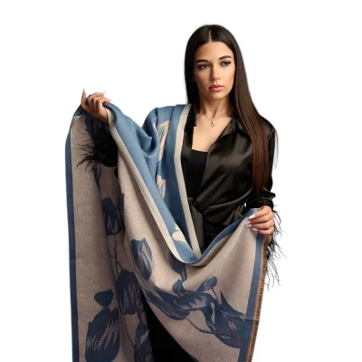 Șal Elegant din Lână și Cașmir – Model Lalele SLC277 (Albastru cu Crem)