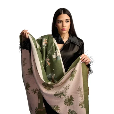 Șal Elegant din Lână și Cașmir – Model Floral SLC268 (Verde cu Crem)