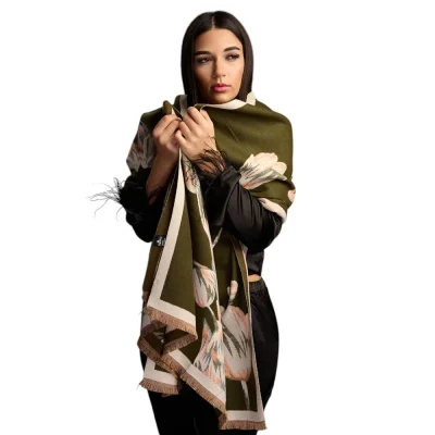 Șal Elegant din Lână și Cașmir – Model Lalele SLC276 (Verde cu Crem)