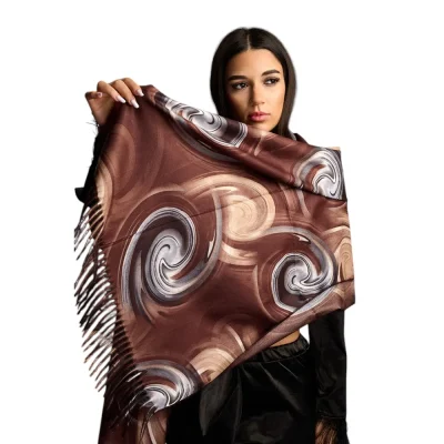 Șal Elegant din Lână și Cașmir – Design Abstract SLC255 (Nuante de Maro,Negru,Crem)