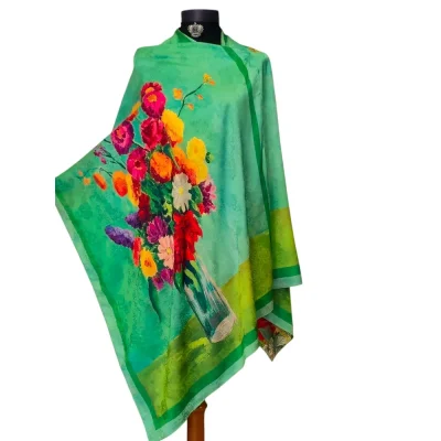 Șal verde din cașmir cu desen artistic de flori în vază  – (SLC301)