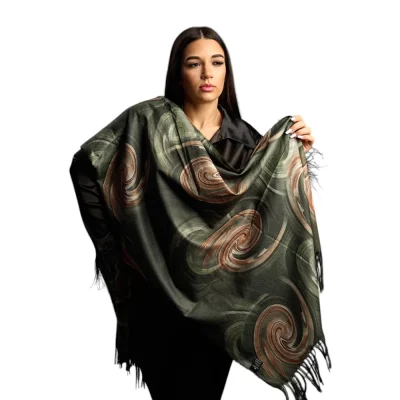 Șal Elegant din Lână și Cașmir – Design Abstract SLC256 (Nuante de Verde Smarald, Maro)