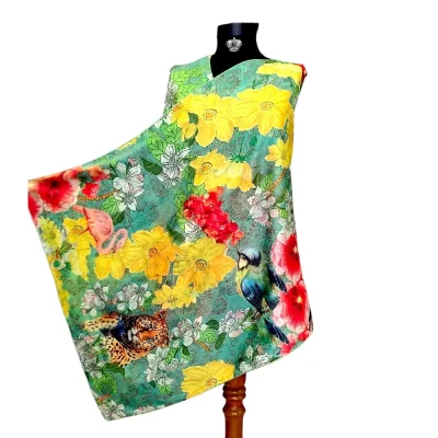 Șal din cașmir cu design floral pe fond verde – prospețime naturală și eleganță – (SLC306)