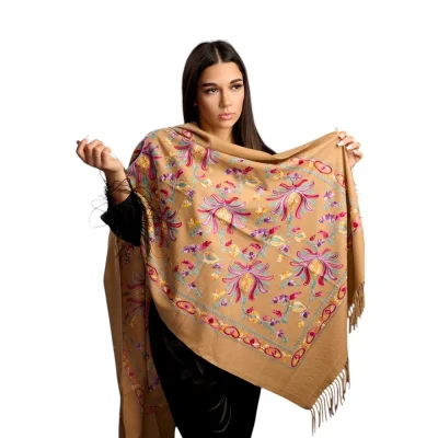 Șal Elegant din Lână și Cașmir cu Broderie – Model SLC182 (Crem)