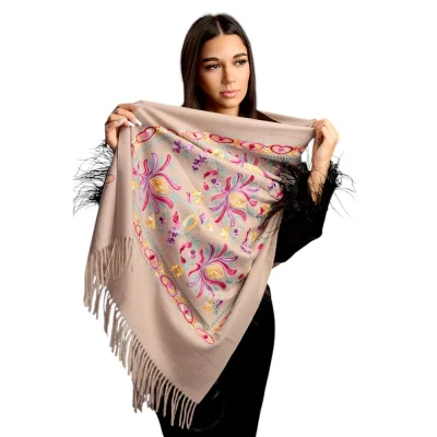 Șal Elegant din Lână și Cașmir cu Broderie – Model SLC181 (Bej)