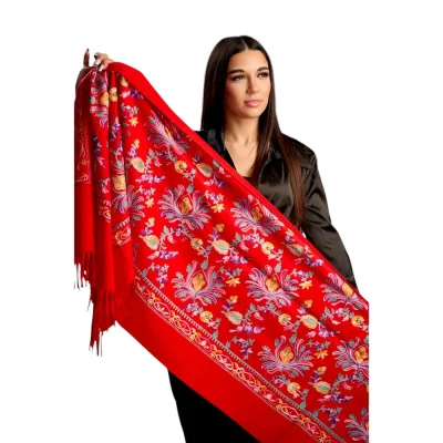 Șal Elegant din Lână și Cașmir cu Broderie – Model SLC183 (Rosu)