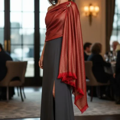 Șal din Mătase 100% Red Elegance cu Accente Aurii - EMF143