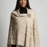 Șal damă bej deschis din cașmir și lână cu broderie Paisley