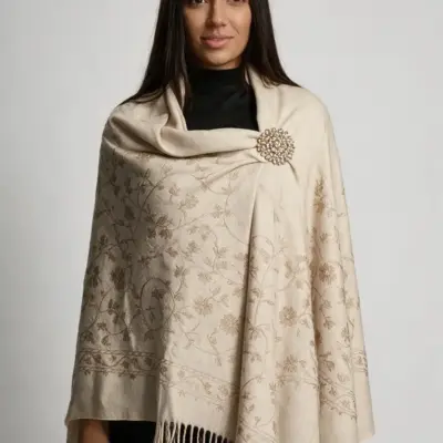 Șal damă bej deschis din cașmir și lână cu broderie Paisley