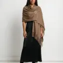 Șal elegant damă maro camel din cașmir și lână, model uni