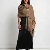 Șal elegant damă maro camel din cașmir și lână, model uni
