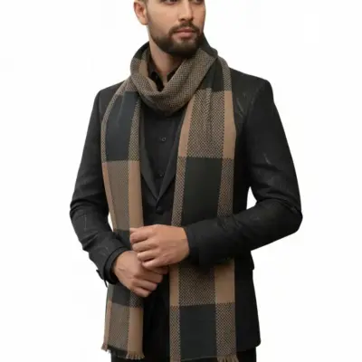 ALT imagine produs Fular bărbătesc din cașmir și lână negru-maro, cu model geometric în carouri Geometric Elegance