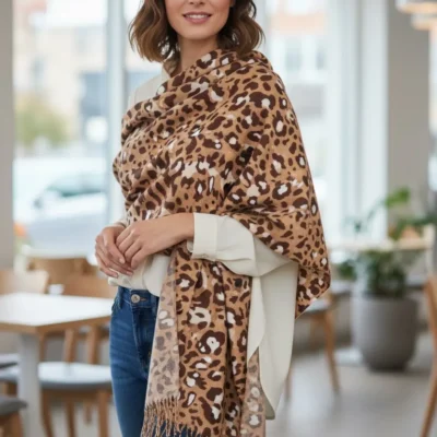 Șal Damă din Cașmir și Lână, Animal Print Maro-Bej cu Cafeniu (SLC462)