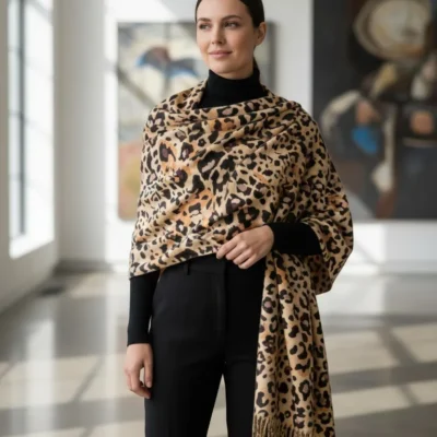 Șal Damă din Cașmir și Lână, Animal Print Auriu-Crem cu Negre (SLC463)