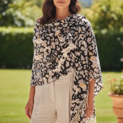Șal Damă din Cașmir și Lână, Animal Print Gri-Negru-Alb cu Galben (SLC464)