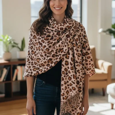 Șal Damă din Cașmir și Lână, Animal Print Bej-Maro cu Portocaliu(SLC457)