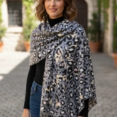 Șal Damă din Cașmir și Lână, Animal Print Gri-Crem cu Bej și Roz (SLC461)
